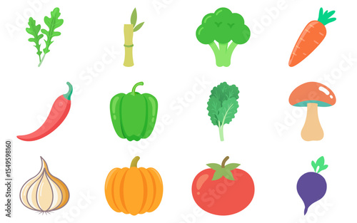 Set of vegetables flat vector illustration, colorful fresh food icons, healthy organic produce collection
