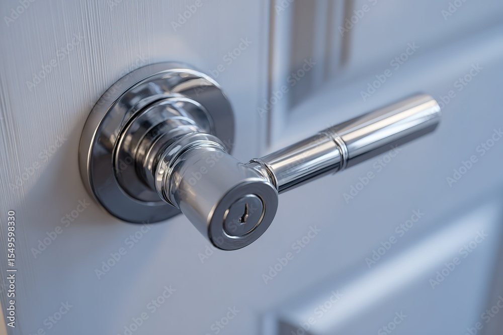 Fototapeta premium Close-up view of a modern door handle with a keyhole on a wooden door, highlighting functionality and design