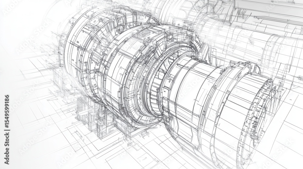 Obraz premium Technical Blueprint of an Industrial Turbine Engine with Detailed Line Art Representations and Mechanical Components for Engineering and Design Applications