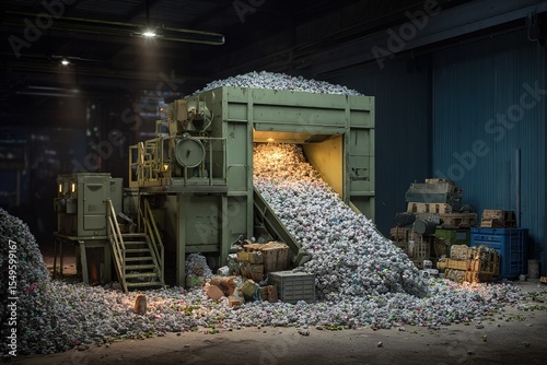 Industrial waste processing in a recycling facility during evening hours with machines and piles of waste materials