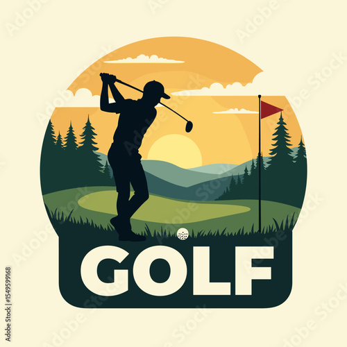 Vector golf badge of a golfer swinging on course at sunset with green hills, pine trees and bold “GOLF” typography