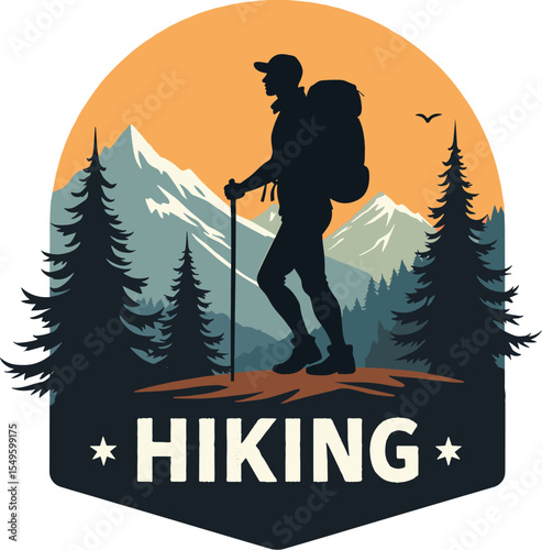 Vector badge of a hiker standing with poles on rocky terrain, mountain background and bold “HIKING” typography below