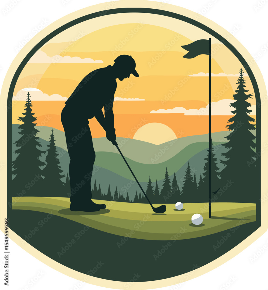 custom made wallpaper toronto digitalVector golf illustration of a golfer preparing to swing with three golf balls on green, flag and sunset landscape in the background