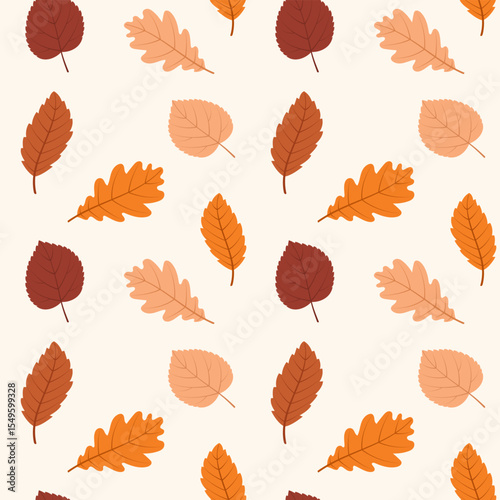 Seamless repeating pattern of autumn leaves on a white background. Vector illustration.