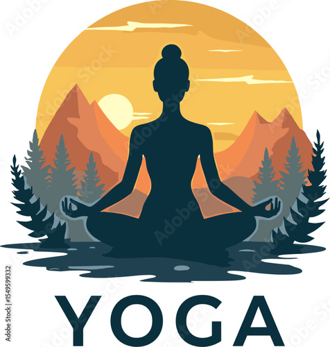 Vector illustration of a woman meditating in lotus pose at sunset, surrounded by water, forest, and orange mountains in peaceful landscape