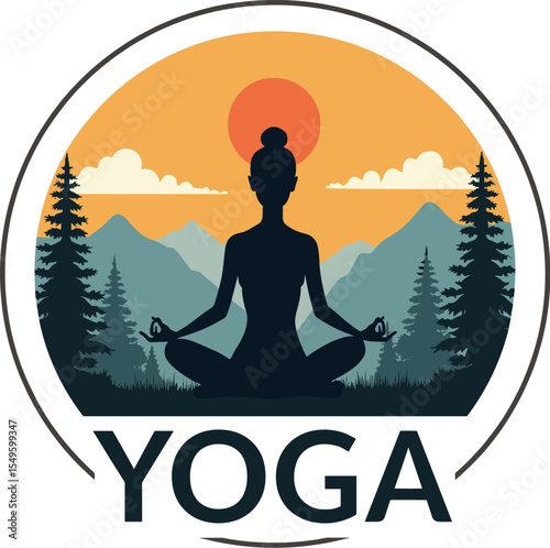 Vector yoga badge of woman meditating in lotus pose with sunset, pine trees and mountains in calm outdoor landscape