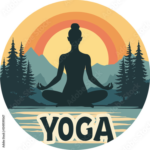 Vector yoga illustration of a woman meditating in lotus pose by the water, with mountain landscape and sun halo background