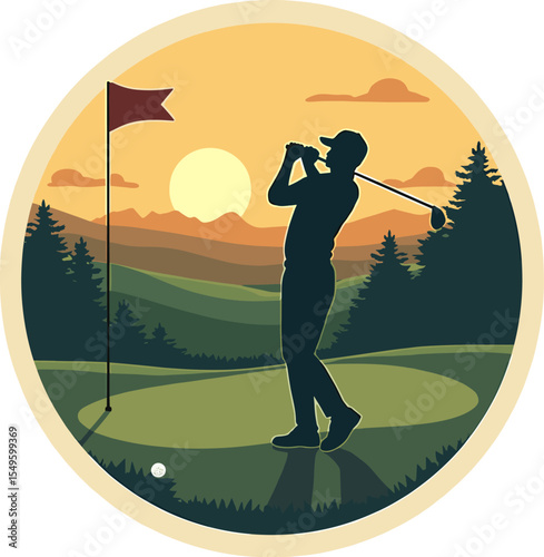 Vector illustration of a golfer finishing swing on golf course with flag and ball at sunset, surrounded by pine trees