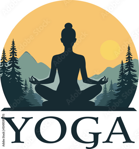 Vector illustration of a woman practicing yoga in lotus pose at sunset with mountains, pine trees and calm background