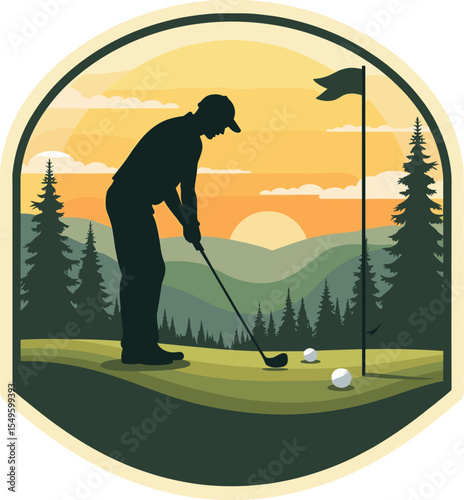 Vector golf illustration of a golfer preparing to swing with three golf balls on green, flag and sunset landscape in the background