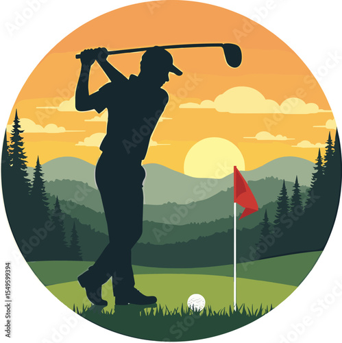 Vector illustration of a golfer swinging on a golf course at sunset with ball, flag, trees and mountain landscape in background