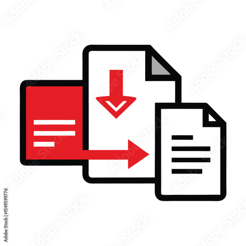 Vector art of red arrow indicates file transfer between documents