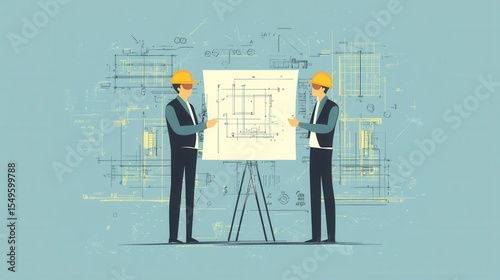 Two Construction Workers Discussing Architectural Plans with Blueprint Design Background in a Modern Illustration Style
