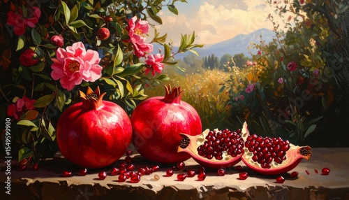 Lush Pomegranate Still Life Painting with Flowers