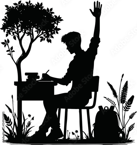Silhouette of a student raising hand while sitting vector style on white background