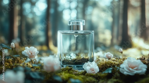An exquisite perfume bottle elegantly placed among lush greenery and blooming roses in a sunlit forest, symbolizing the beauty and allure of nature and fragrance.