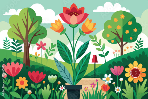 A vibrant spring garden blooms with tulips and various floral blossoms, illustrating nature's beautiful design
