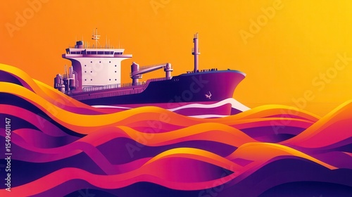 Vibrant Cargo Ship Sailing Through Colorful Waves Under a Dramatic Sunset with Warm Hues Creating a Beautiful Maritime Scene