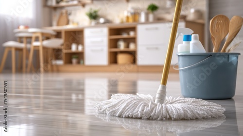 High-quality stock image of mopping floors in a spotless gleaming kitchen equipped with minimalist cleaning supplies for a pristine sparkling shine Domestic chore of housework.