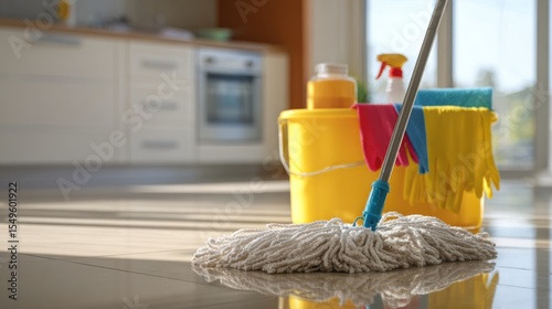 High-quality stock image of mopping floors in a spotless gleaming kitchen equipped with minimalist cleaning supplies for a pristine sparkling shine Domestic chore of housework.