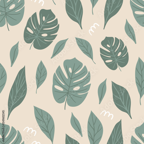 Seamless pattern with monstera leaves on beige background. Great for designing children's textiles, wallpaper and other designs