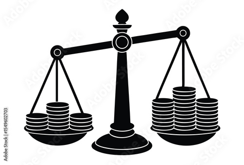 Balance Scale with Coins Silhouette Vector Illustration, Unequal Coin Stack Flat Icon