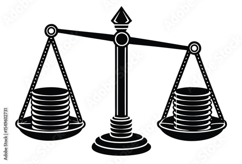 Balance Scale with Coins Silhouette Vector Illustration, Unequal Coin Stack Flat Icon