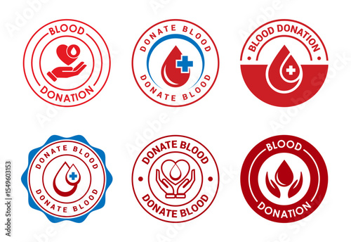 Blood donation icons set design, Donate blood badge label sign