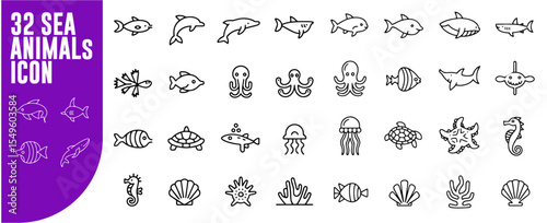 Sea Animals vector Icon Set | sea, marine, animals, ocean, fish, dolphin, whale, jellyfish, octopus, crab, seahorse, starfish, shell, creature, aquatic, underwater, nature, icons