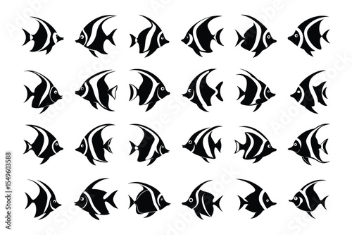 Collection of Moorish idol fish silhouette illustrations. Ideal for use in marine biology projects, aquarium branding, ocean-themed educational materials