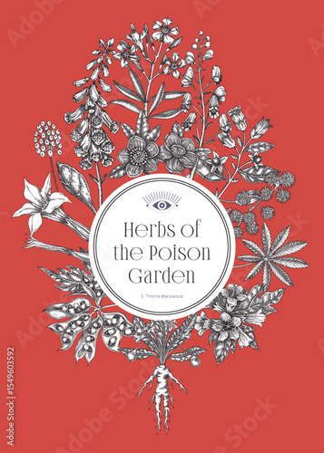 Poisonous Plants Illustration in sketch style. Gothic Botanical Book Cover Design for Halloween, Witchcraft & Dark Academia. NOT AI generated