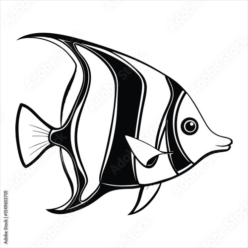 Black and white illustration of a Moorish idol fish. Ideal for use in marine biology projects, aquarium branding, ocean-themed educational materials, tropical travel brochures, underwater wildlife 