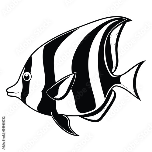 Black and white illustration of a Moorish idol fish. Ideal for use in marine biology projects, aquarium branding, ocean-themed educational materials, tropical travel brochures, underwater wildlife 