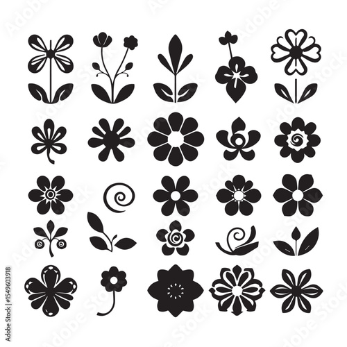 Collection of twenty four black and white floral silhouettes