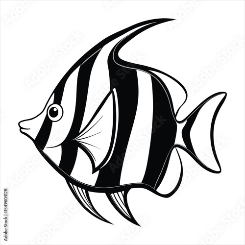 Black and white illustration of a Moorish idol fish. Ideal for use in marine biology projects, aquarium branding, ocean-themed educational materials, tropical travel brochures, underwater wildlife 