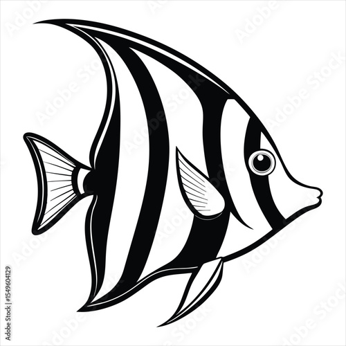 Black and white illustration of a Moorish idol fish. Ideal for use in marine biology projects, aquarium branding, ocean-themed educational materials, tropical travel brochures, underwater wildlife 