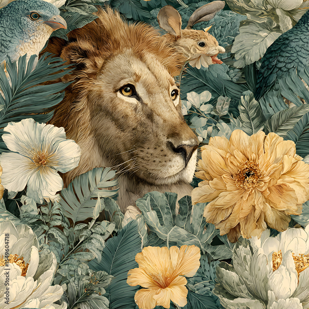 Fototapeta premium Tropical Jungle Pattern with Exotic Animals and Flowers , Watercolor hand drawn Illustration