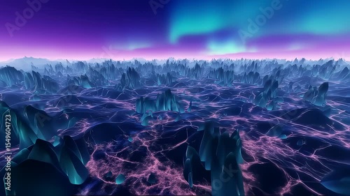 Fractal Terrain with Ice Mesas and Lava Lakes Under Auroral Sky
