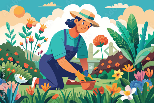 Smiling woman gardener holding flowers and a watering can in a vibrant summer garden