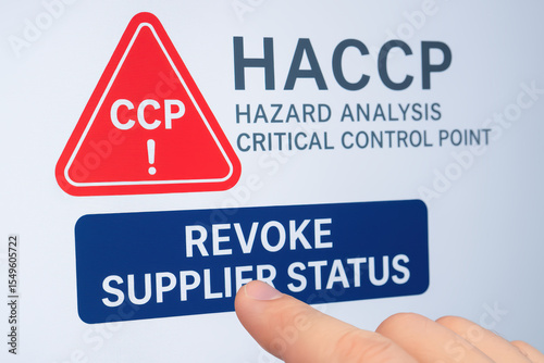 HACCP hazard analysis critical control point concept with finger pressing revoke supplier status button for safety management