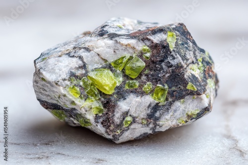 Close up image of unprocessed peridotite with phlogopite mica on white marble from Kovdor Kola Peninsula Russia