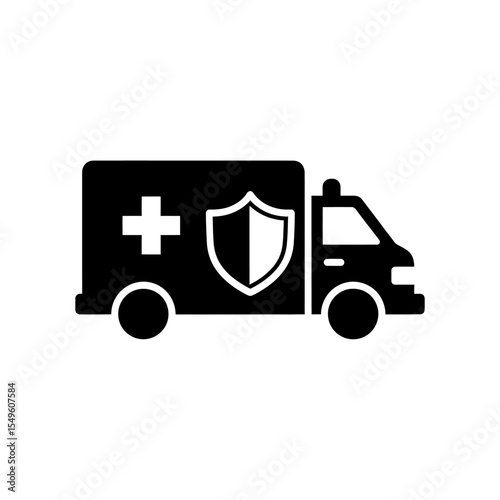 Ambulance with a shield for medical protection and health insurance A glyph icon representing emergency vehicle safety and secure patient transport and care