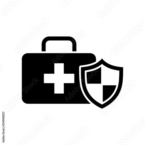 Medical protection icon with a first aid kit and shield for healthcare A glyph symbol for an insured emergency case and a secure health safety plan
