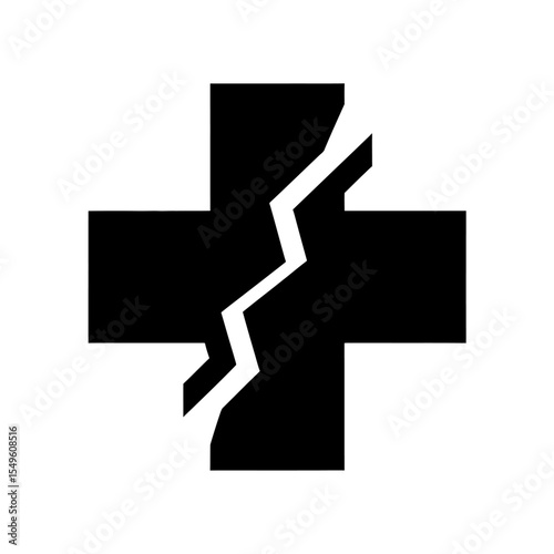 Broken medical cross icon for a healthcare system failure or crisis A glyph symbol representing a medical error a treatment problem or malpractice issue