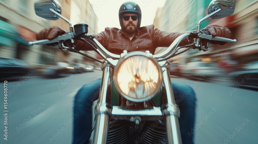 Fototapeta premium A rugged biker speeds through an urban environment, embodying freedom and adventure, while showcasing the dynamic energy of city life and the thrill of motorcycle culture.
