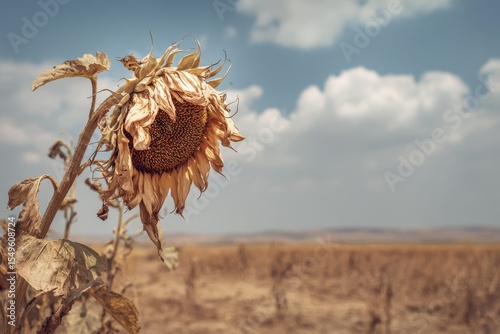 Dried sunflower due to drought and extreme heat in Hungary impacting agriculture