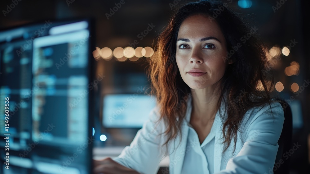 Obraz premium A well-lit image of a confident woman working intently on a computer at night, symbolizing focus, empowerment, and the modern workspace emphasizing technology and productivity.