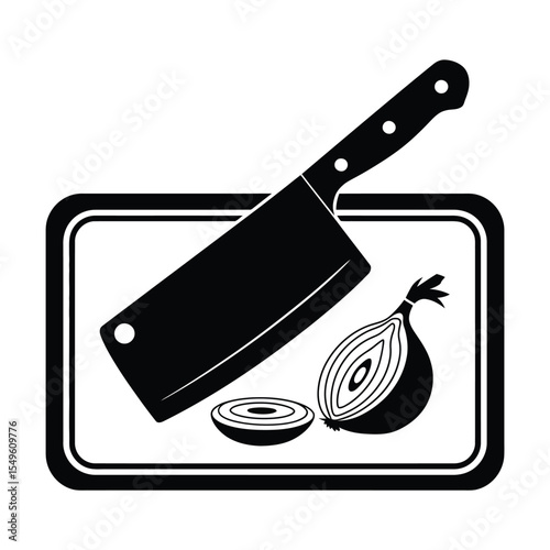 Black and white vector illustration of onion and cleaver on cutting board