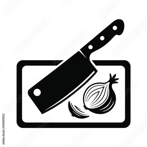 Black and white illustration of a knife cutting an onion on a board