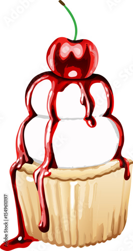 A delicious cupcake topped with a swirl of cream, a glossy cherry, and a drizzle of chocolate. The dessert is beautifully styled,ideal for use in culinary, bakery, and celebration-themed visuals